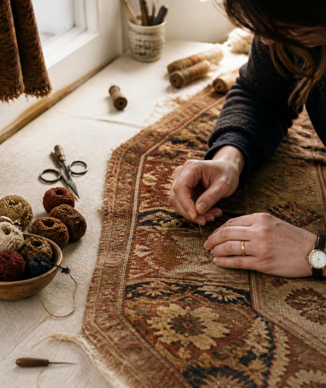 A conservator repairing an antique rug by hand at a linen work table