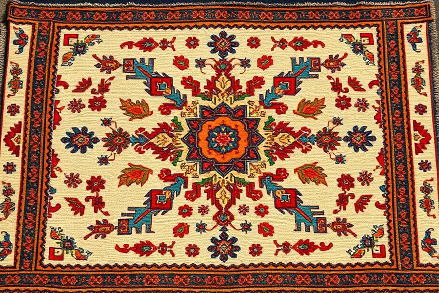 Close detail of an antique Caucasian rug with a worn crimson field
